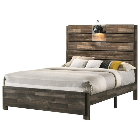 Contemporary Rustic Brown Finish King Size 1Pc Panel Bed Built in Lighting Bedroom Wooden Furniture