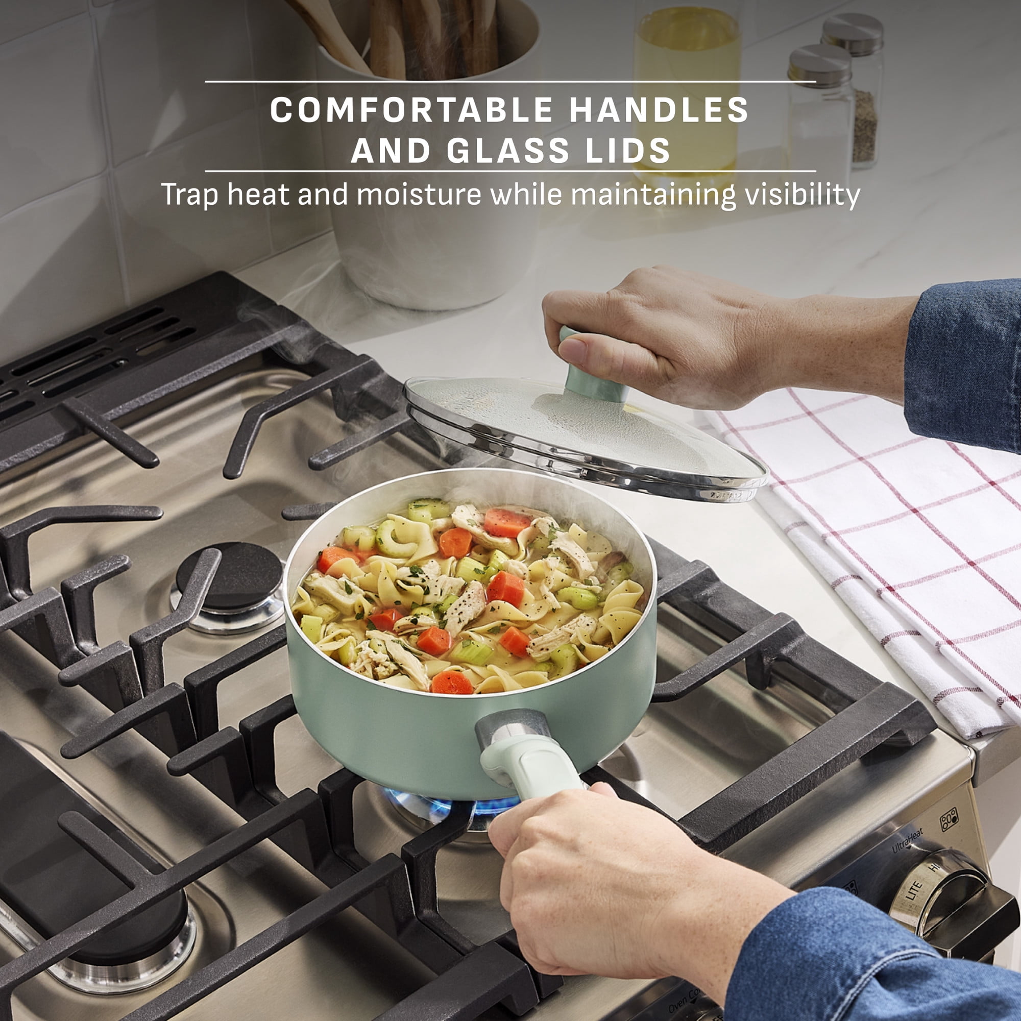 T-fal Easy Care 12 Piece Ceramic Nonstick Cookware Set, Pots and Pans, Mint Green
