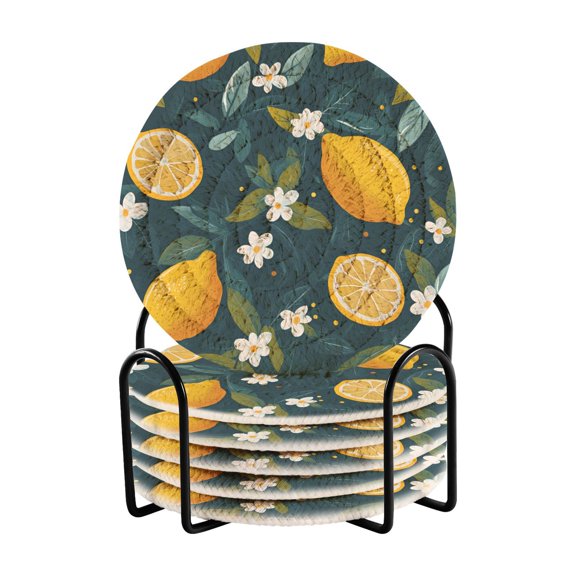 Yayeee 6 PCS Drink Coasters with Holder Set Woven Absorbent Round Tabletop Hot Pad, Green Lemons
