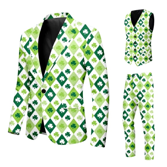 SJLDQY St. Patrick's Day Mens 3 Peice Suit Set Fashion Dress Suits for Men Clover Graphic One Button Blazer Jacket Vest Pants Elegant Business Wedding Party Outfits