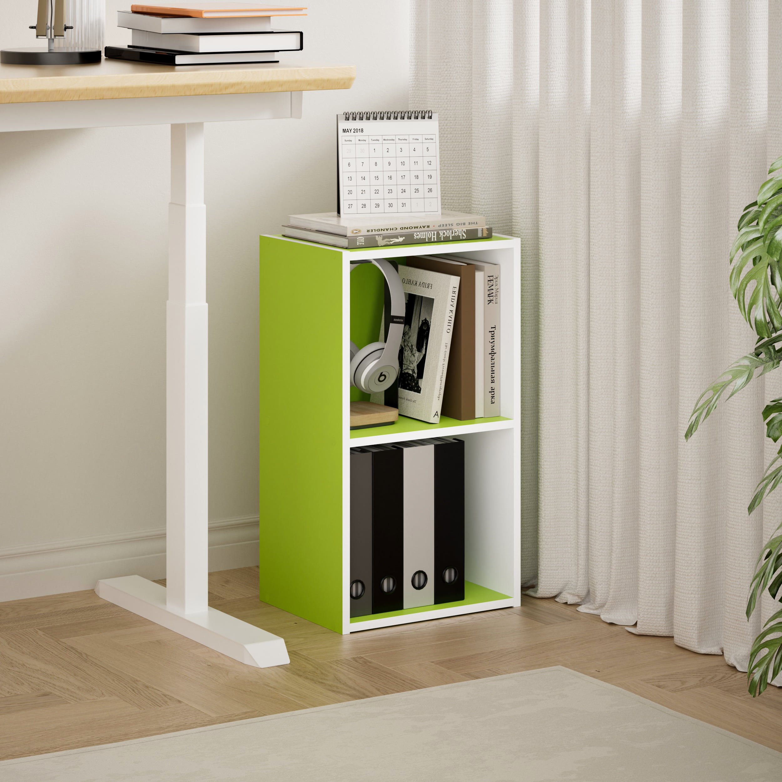 HOMLUX 9" x 12" x 21" Storage Shelf 2 Tier Cube Bookcase, Suitable for Small Space, White & Green