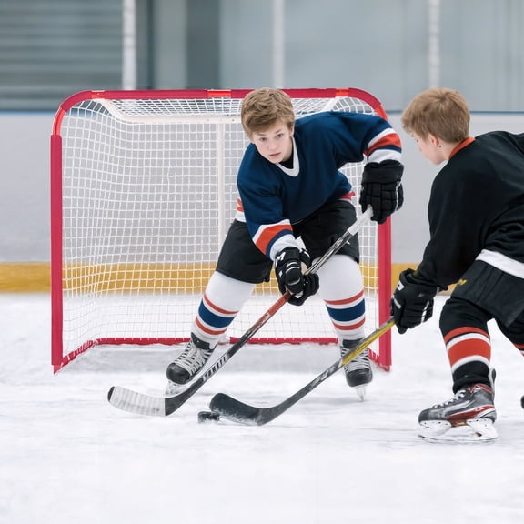 Portable Street Hockey Goal Set with PE Net Backyard Training 69.5x48.2 Inch Youth Ice Hockey Net Rust Proof Steel Frame Easy Setup for Driveway Park Practice Red White 26.8 Inch Deep