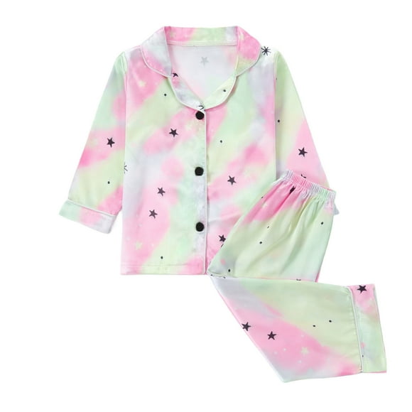 Odeerbi 1-8 Años Niños Niñas Pijama de Satén Con Solapa Entallada Camisa de Manga Larga Conjunto de Pantalones Suave Estampado Gradiente Ropa de Dormir Conjuntos de Pijama de Dos Piezas