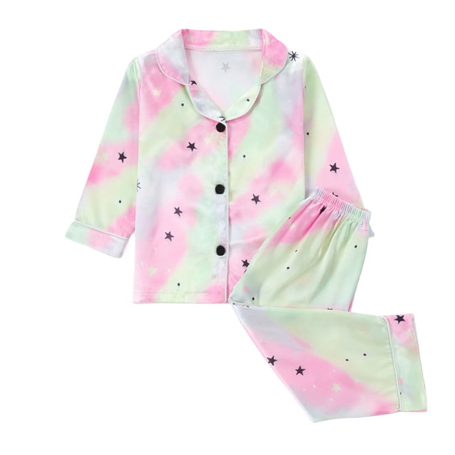 Odeerbi 1-8 Años Niños Niñas Pijama de Satén Con Solapa Entallada Camisa de Manga Larga Conjunto de Pantalones Suave Estampado Gradiente Ropa de Dormir Conjuntos de Pijama de Dos Piezas
