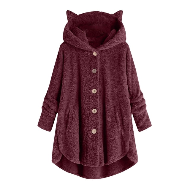 Lady Coat And Velvet Coat Cat Ear Hooded Soild Patchwork Button Autumn Winter Plush