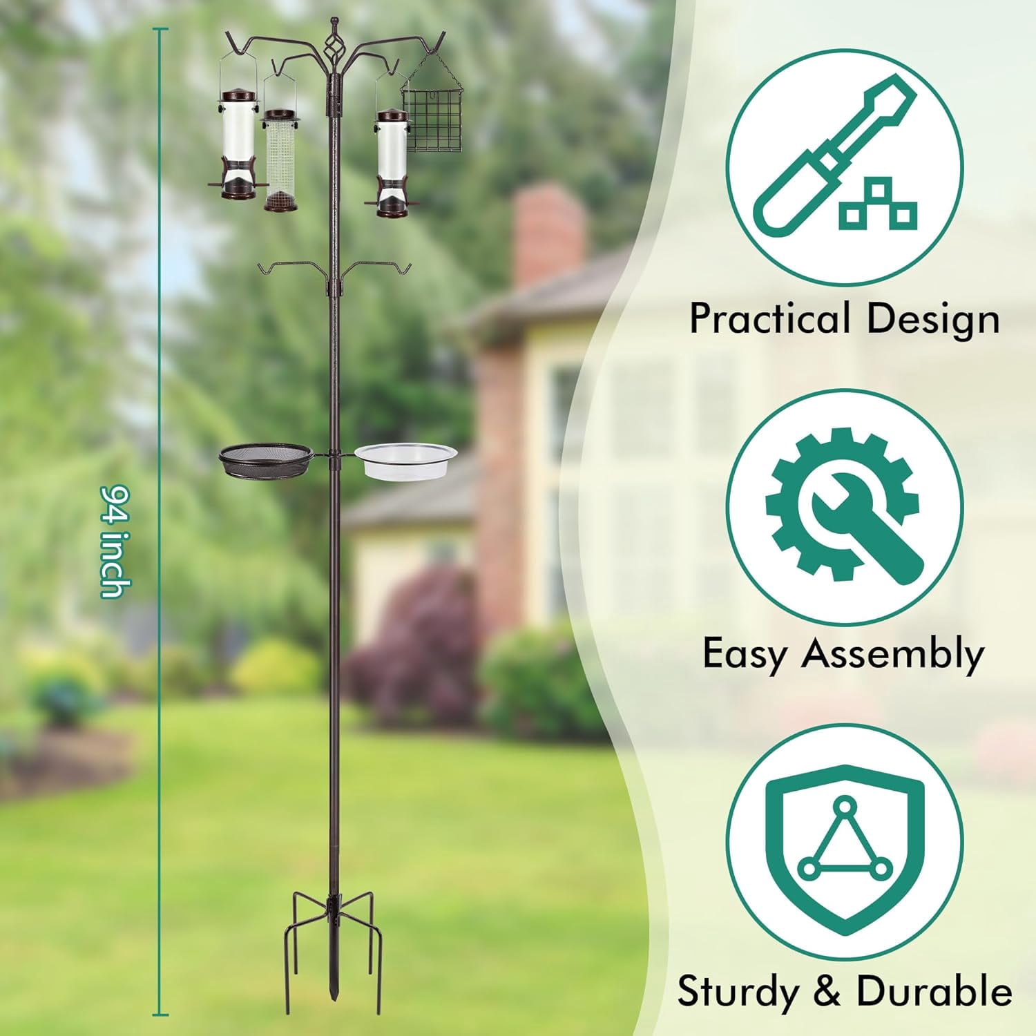 6-Hook Bird Feeding Station Kit, 94 Inch Heavy Duty Bird Feeder Stand Pole for Outdoors Hanging with 4 Feeders, Wide Metal Squirrel Baffle, Attracting Wild Birds