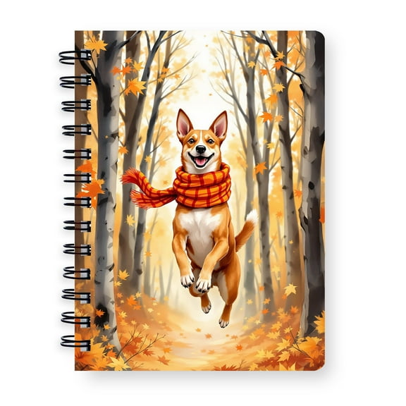 Welcome Fall Basenji Strolling Through the Autumn Maple Forest Spiral Bound Journal African Barkless Dog Lover 5x7in Spiral Notebook - 12012
