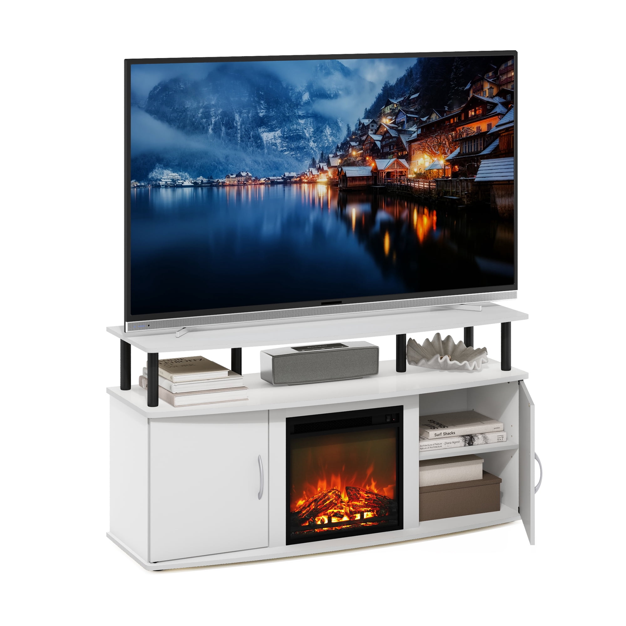 Furinno Jensen Living Room Fireplace Entertainment Center with Doors Storage Cabinet for TV up to 55 Inch, Solid White/Black