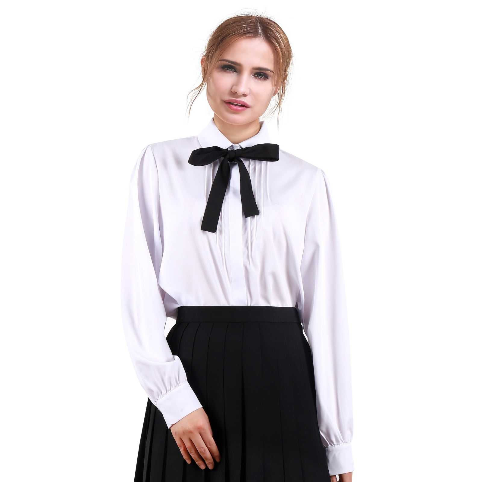 Women's Bow Tie Neck Blouses Peter Pan Collar Shirts Long