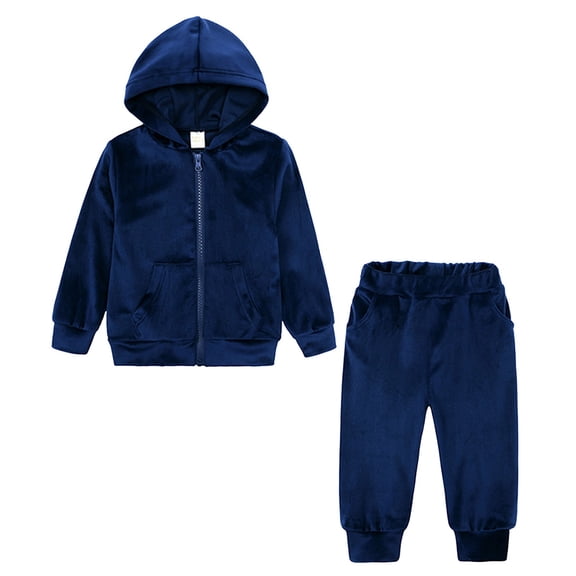 Cathalem Girls Velour Hoodie Zipper Sweatsuit Boys 2 Pcs Velvet Tracksuit Zip Up Hoody Tops Sweatpants Jogger Outfits Set(3-4 Years)Navy