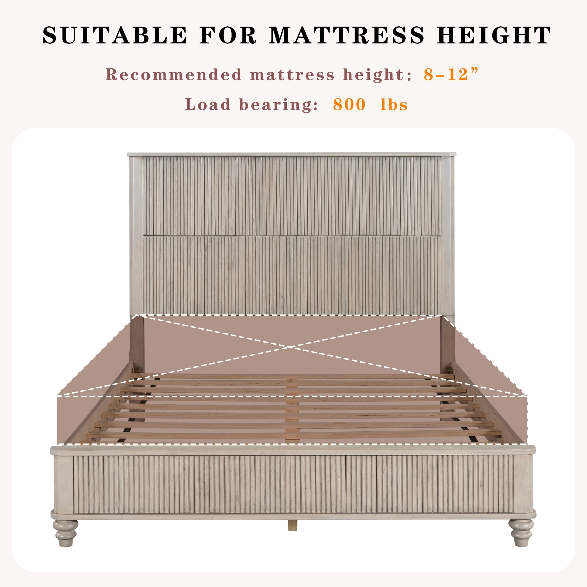 Queen Size Solid Wood Tall Headboard Platform Bed Frame with Headboard, No Box Spring Needed