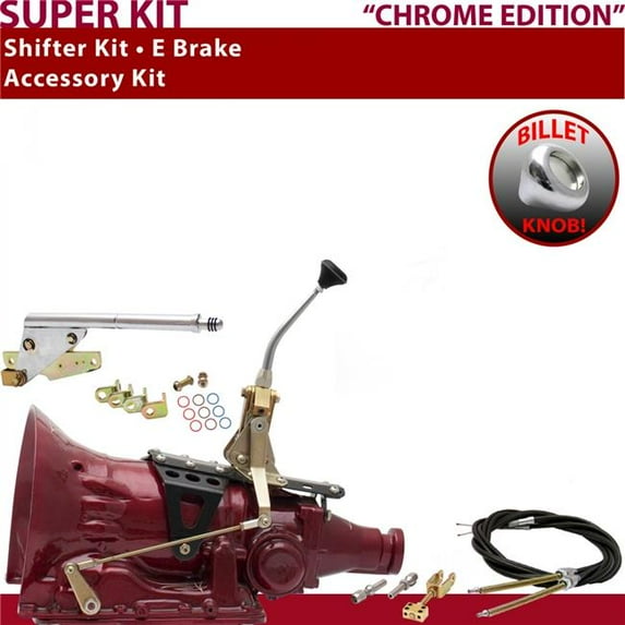 American Shifter 700R4 Shifter Kit Chrome 8 in. E Brake Cable Push Button Floor Handle Billet Knob for EDD09