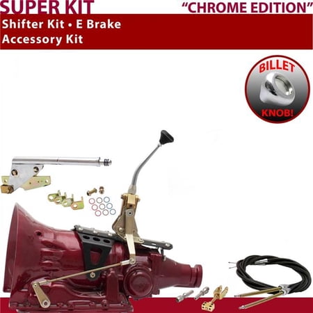 American Shifter AOD Shifter Kit Chrome 8 in. E Brake Cable Push Button Floor Handle Billet Knob for ED453