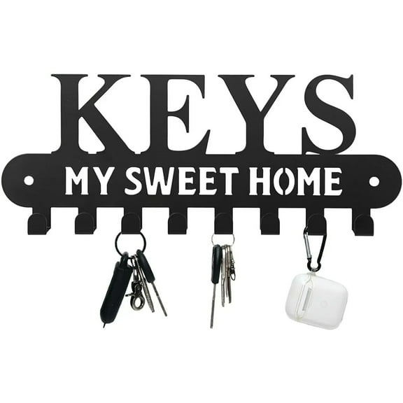 IVV Black Metal Key Holder, 1 Pack, Wall-Mounted Organizer with 8 Hooks, Rustic Farmhouse Entryway Décor, Steel Coat & Key Rack, 10.24 Inch