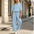 thumbnail image 5 of Zynoxe Summer Outfits for Women Stylish Collared Button Down 3/4 Sleeve Tops Drawstring Waist Pants Suit Plus Size Casual Solid Color Womens Two Piece Sets Breathable Lounge Set With Pockets M, 5 of 8