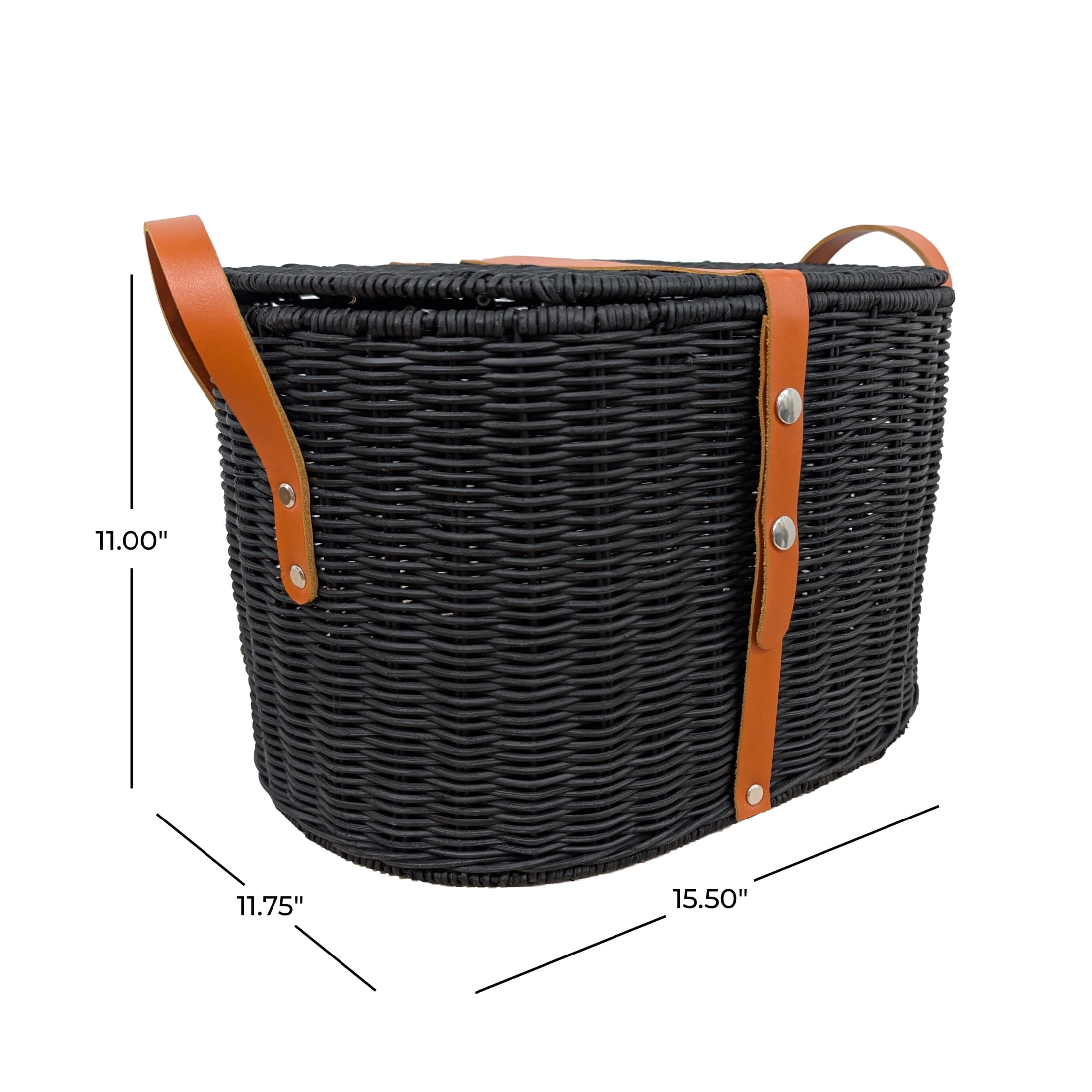 DecMode 16" x 11" Black Rattan Handmade Woven Storage Basket with Brown Leather Handles, 1-Piece