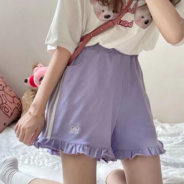 Pantalones cortos de dormir con estampado de lazo para mujer, ropa de dormir de verano, pantalones de pijama de estilo coreano, ropa de casa con bolsillo, ropa de habitación con cintura elástica
