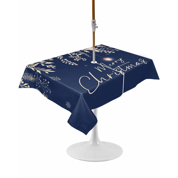 Outdoor Table Cloth with Umbrella Hole and Zipper, Navy Blue Christmas Waterproof Rectangle Tablecloth 60"x102", Botanical Snowflake Xmas Vintage Washable Table Cover for Outside Party Patio Picnic
