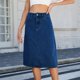 thumbnail image 4 of Falda midi evasé de denim para mujer: cintura elástica con bolsillos, color liso, estilo informal y moderno, tallas S-XXL, 4 of 8