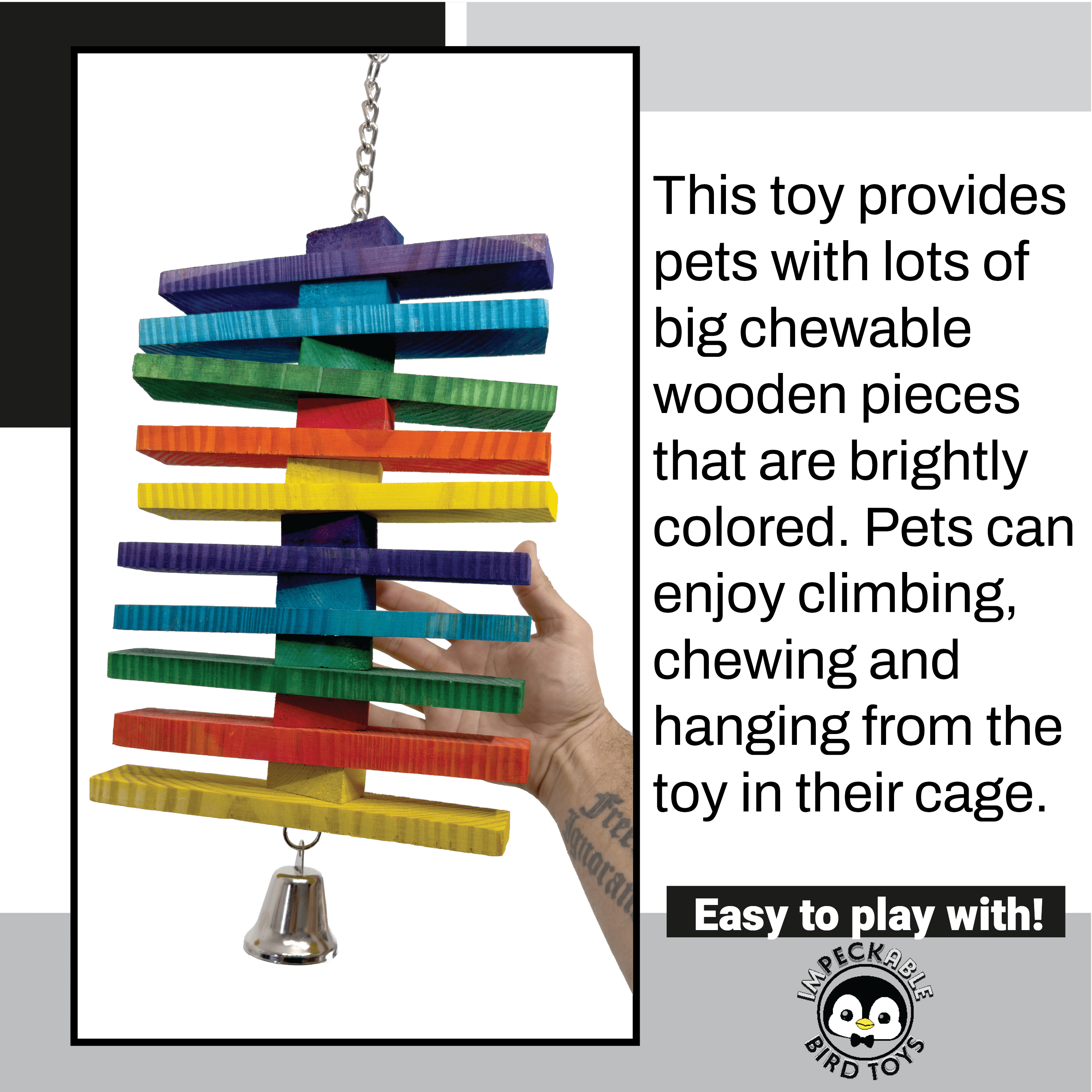 Impeckable Bird Toys 1812 Medium Rainbow Slat Climber made of colorful wood slats with bell and chain for climbing and chewing, handcrafted by us for medium to large parrots like Greys Amazons