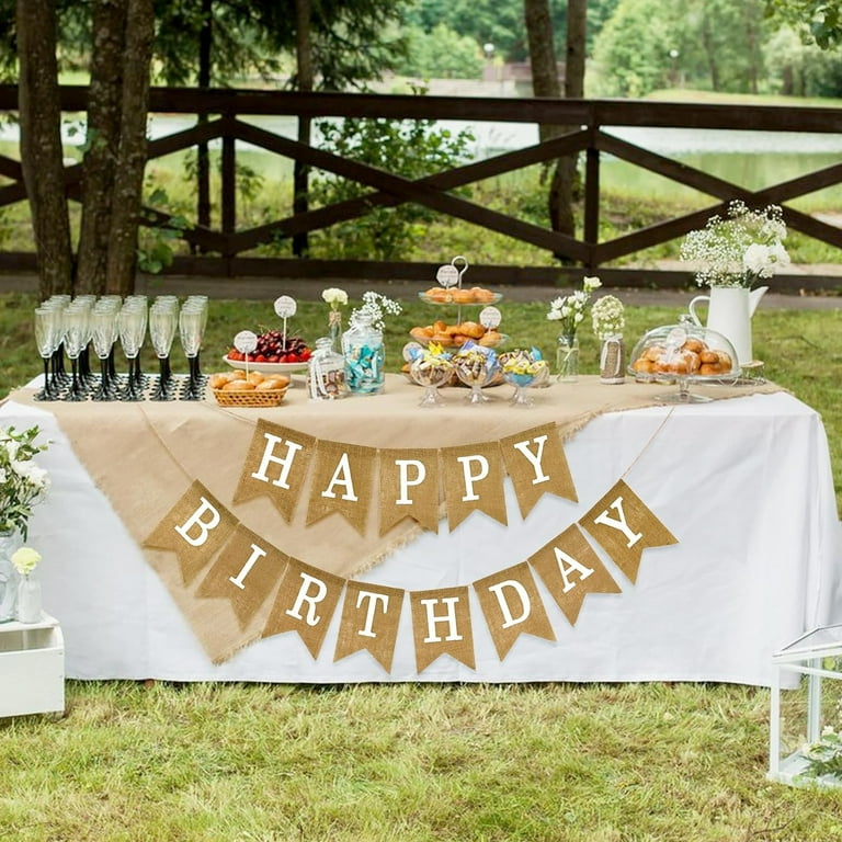 Rustic Burlap Happy Birthday Banner - Pre-Strung, Adjustable Letters, 6.6ft Long