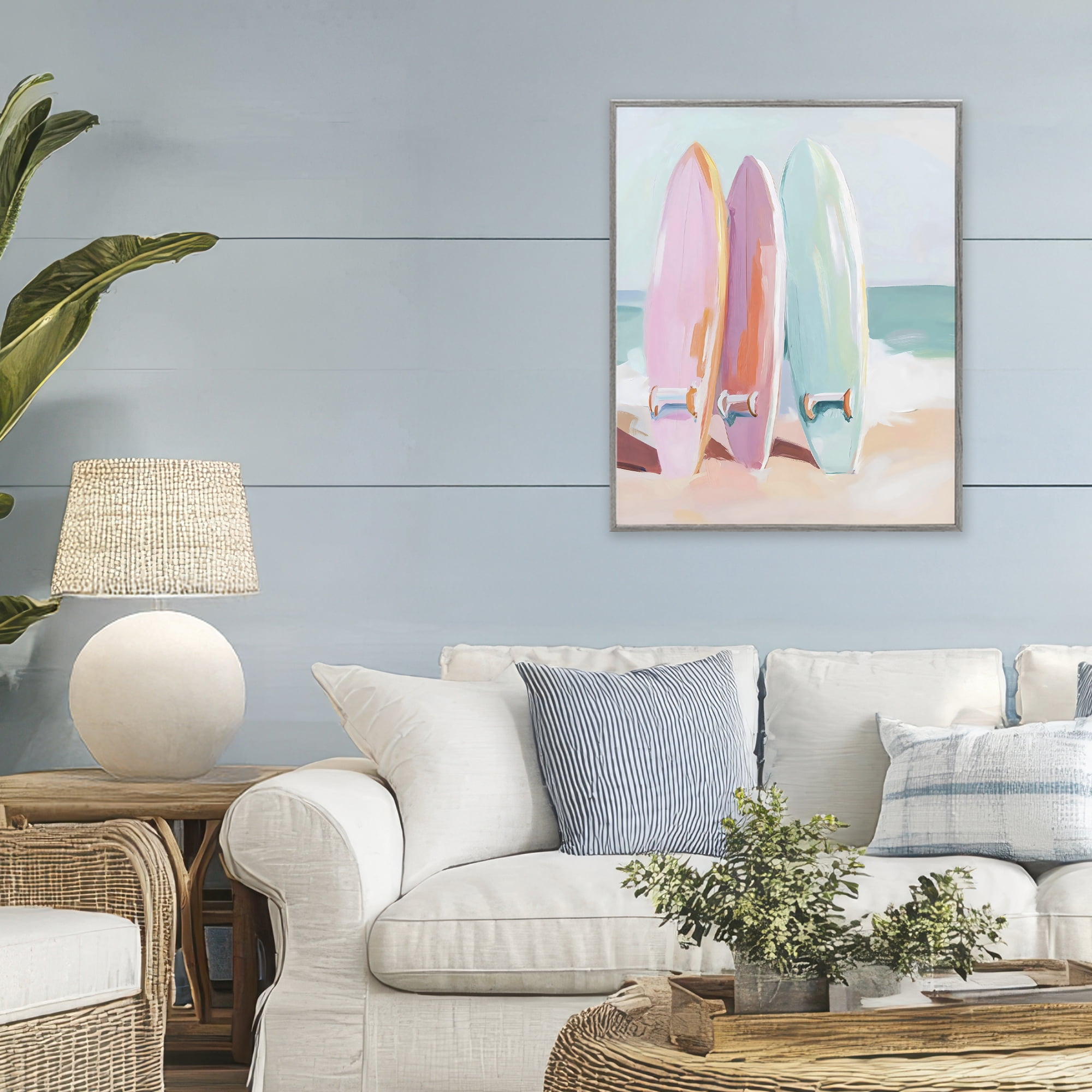 Stupell Industries Pastel Surfboards on Sandy Beach Gray Framed Giclee Art, design by The Prints Vibe