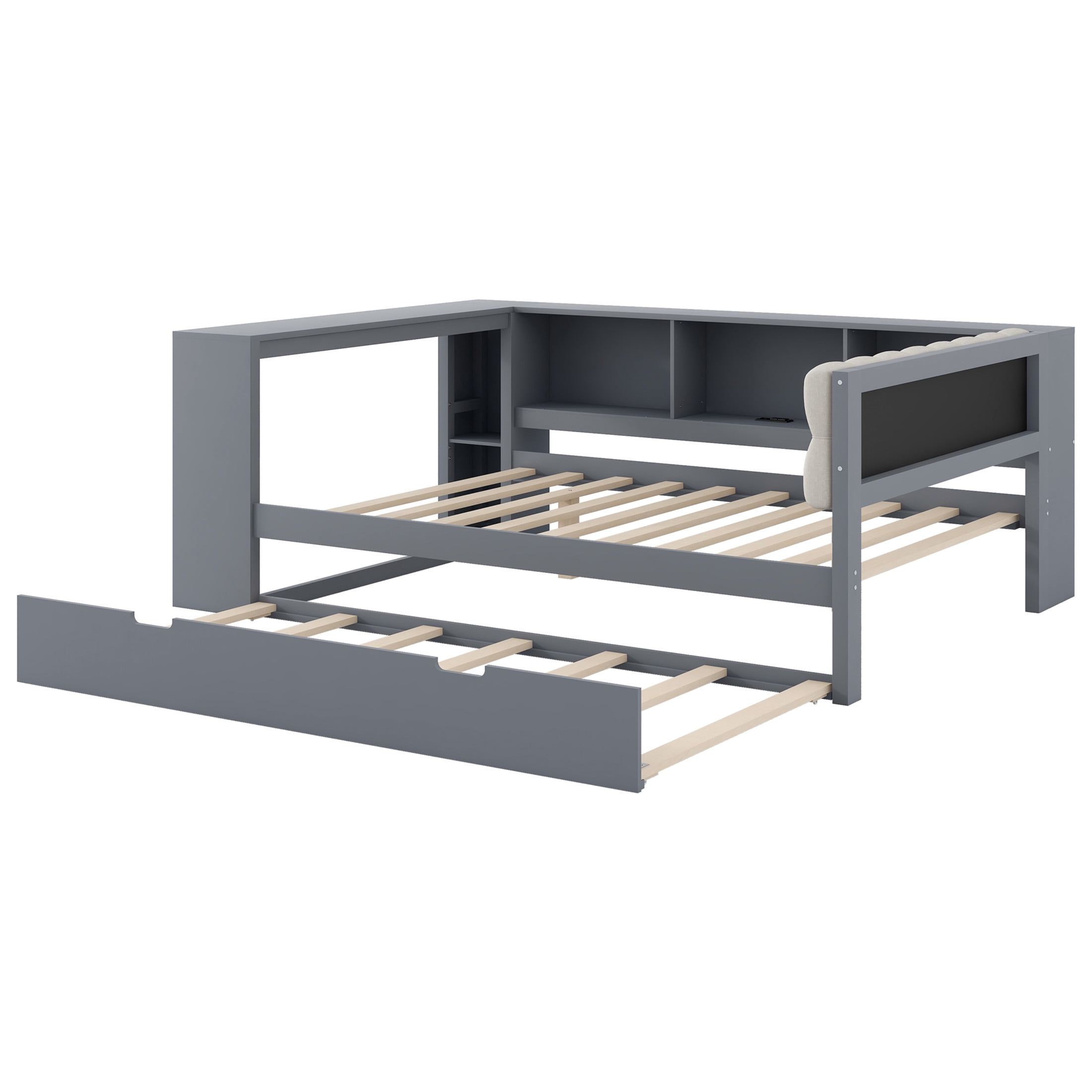 Noble House Full Wooden Platform Bed, Upholstered Headboard, Storage Shelves, Charging Station and Trundle, Gray