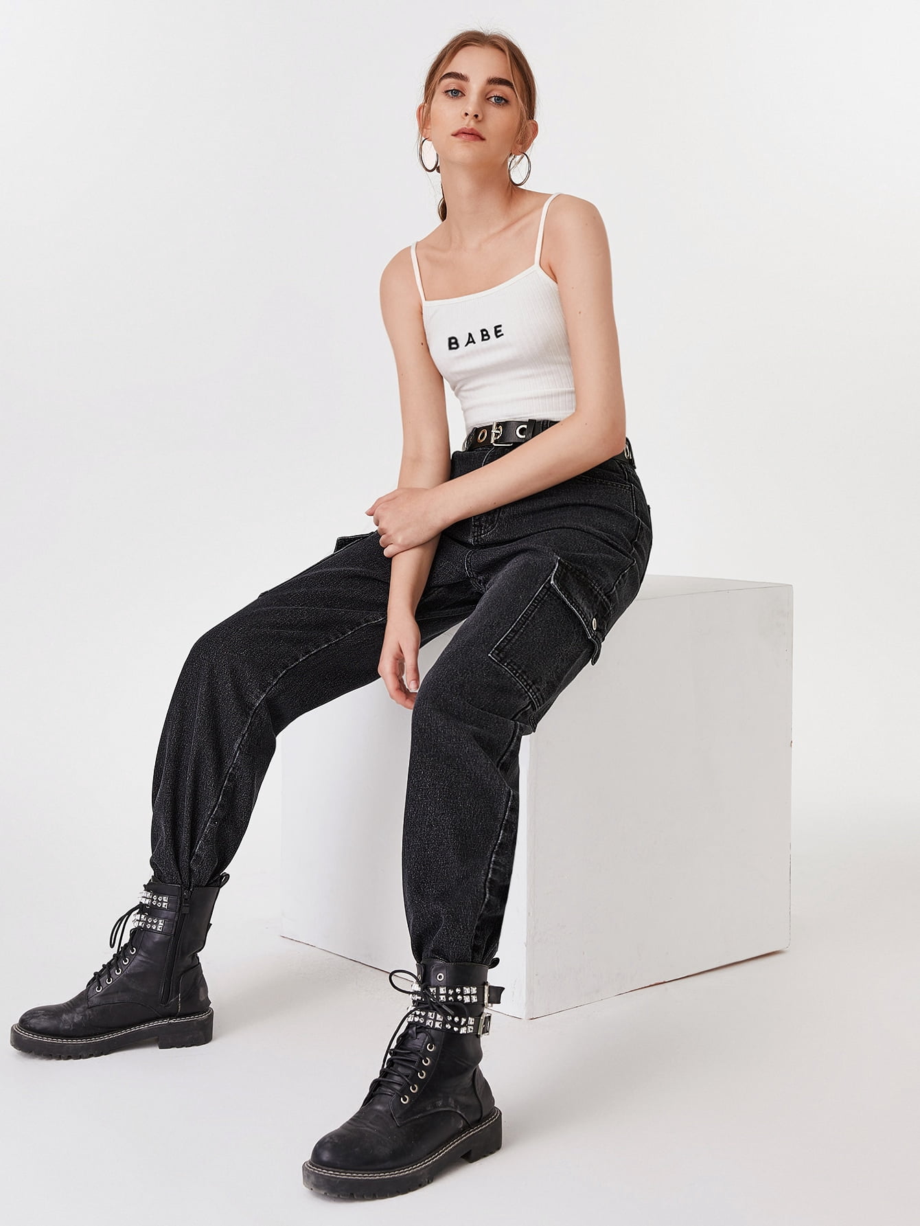 High Waisted Flap Pocket Cargo Jeans 
