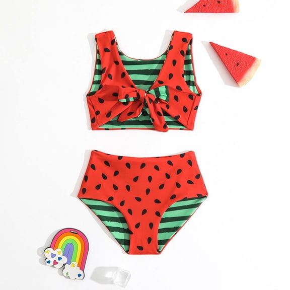 Girls Swimsuit Watermelon Print Bow Reversible Tankini Bikini 2 Piece Beach Bathing Suits for Girls Red 3 Years-4 Years
