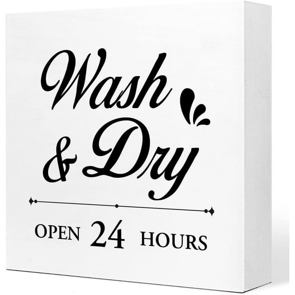 Wash And Dry Open 24 Hours Wooden Sign Desk Decor,Farmhouse Laundry Wood Sign Desk Decorations For Rustic Home Laundry Room Shelf Table Decor 5x5 Inch