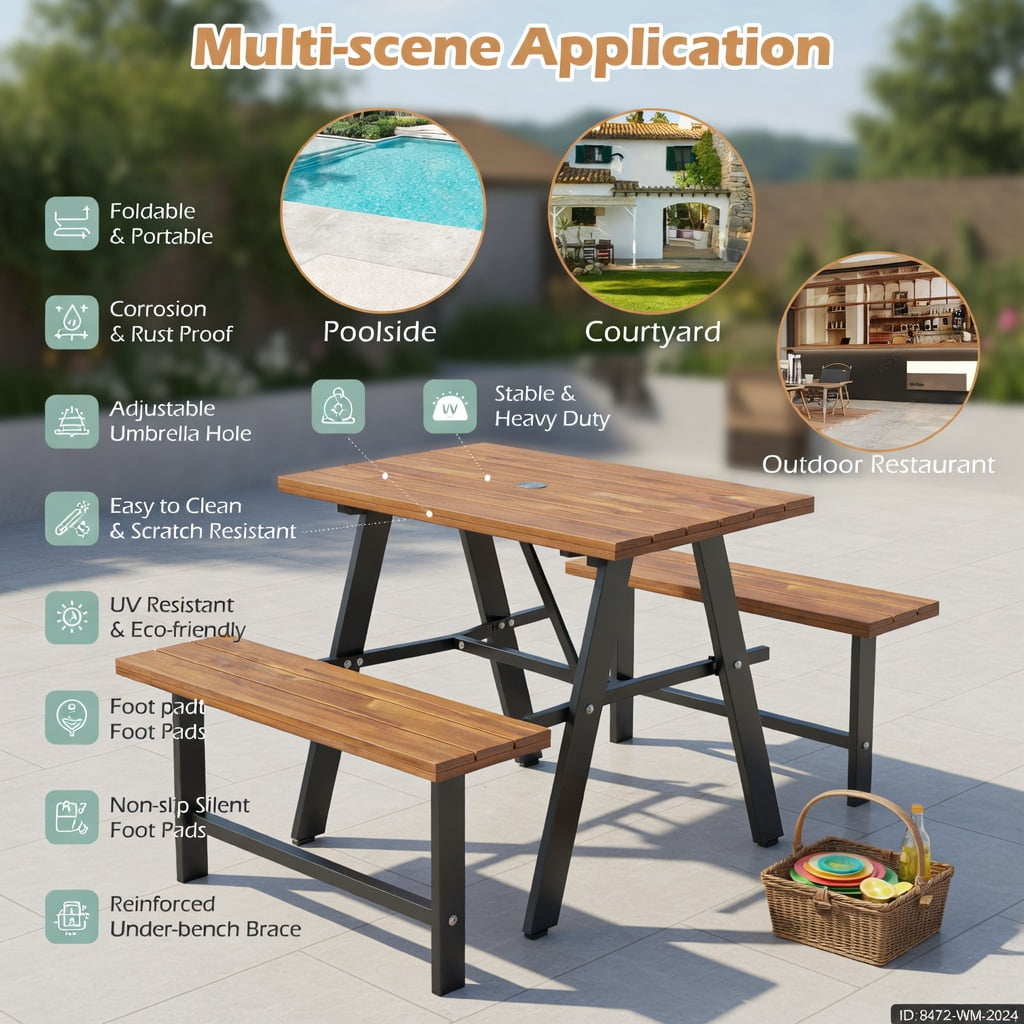 Hommoo 6-Person Acacia Wood Outdoor Picnic Table Set with 3 Benches, Rust-Resistant Metal Frame, Umbrella Hole & Adjustable Feet, Brown & Black