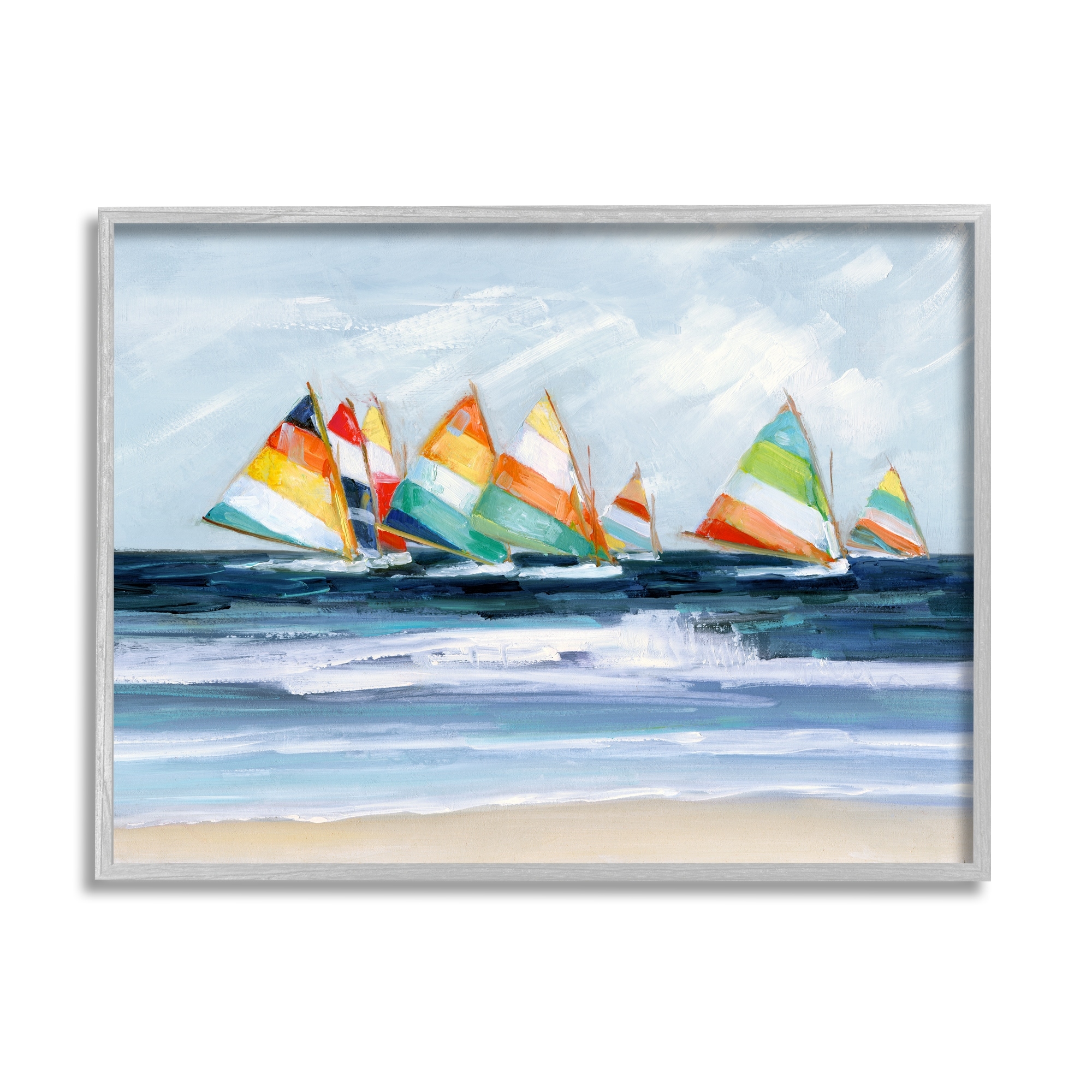 Stupell Industries Shoreline Sailboat Race Striped Sails Coastal Painting, 20 x 16, Design by Sally Swatland