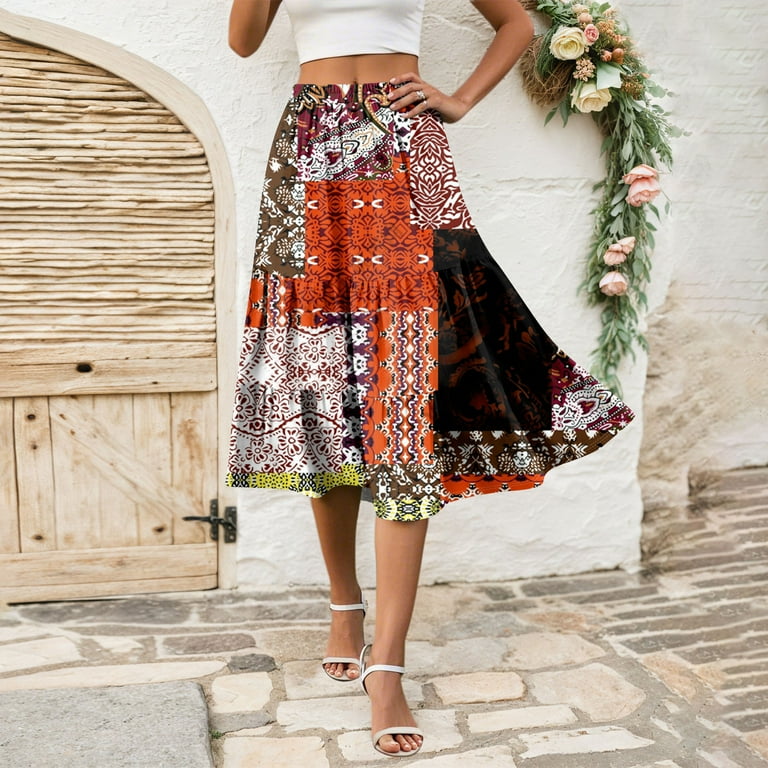 Yucgh Women's Polka Dot Printed A-line Midi Skirt with Pockets