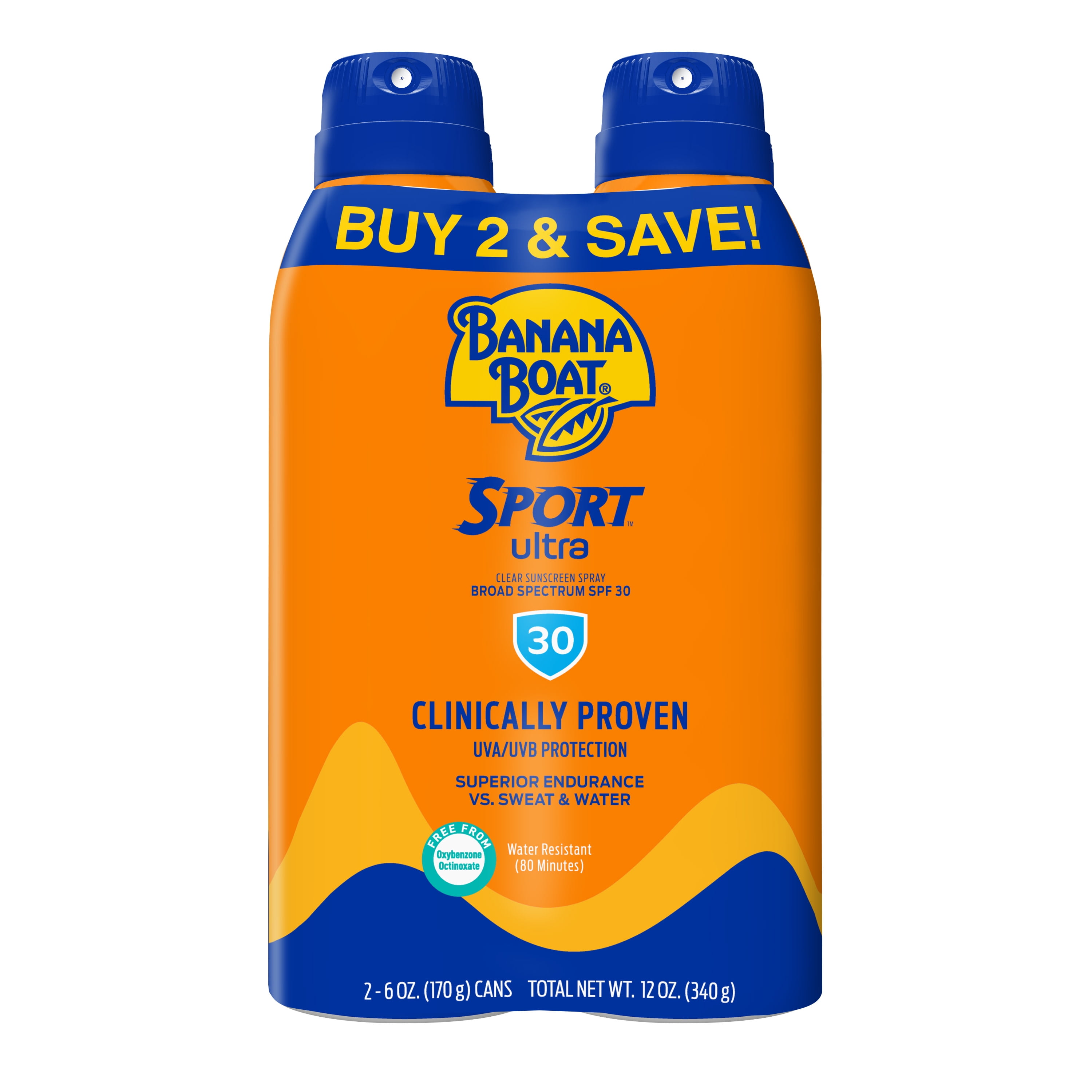 Banana Boat Sport Ultra Sunscreen Spray 12 Oz Twin Pack, 30 SPF, Water Resistant Sunblock (80 Minutes), Superior Endurance VS Sweat And Water