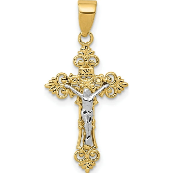 14K Yellow Gold Two-Tone Small Lacy-Edge Inri Crucifix Pendant (29 X 14) Made In United States c4386