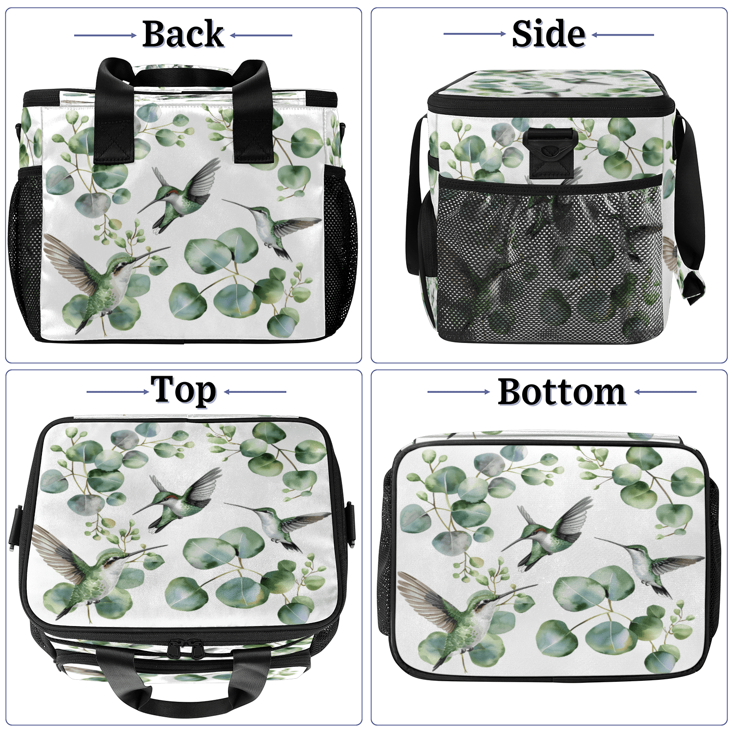 Herdesigns Hummingbird Eucalyptus Leaves Large Lunch Box for Adults Women Men with Adjustable Shoulder Strap, Insulated Reusable Lunch Bag Leakproof Cooler Tote Bag