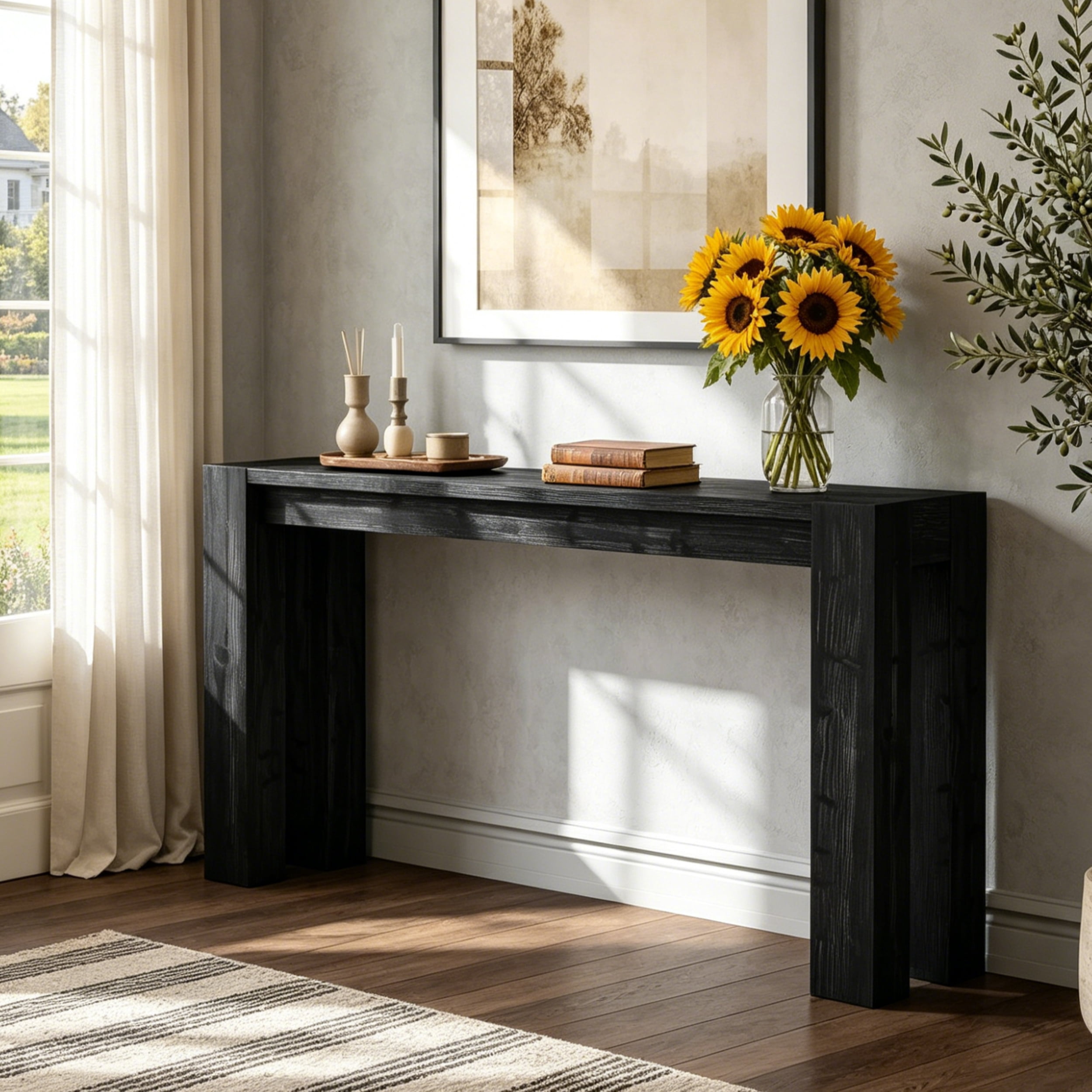 Fnova 70.9" Solid Wood Black Console Table, Farmhouse Extra Long Narrow Entryway Table, Heavy Duty Sofa Table for Living Room, Hallway, Foyer