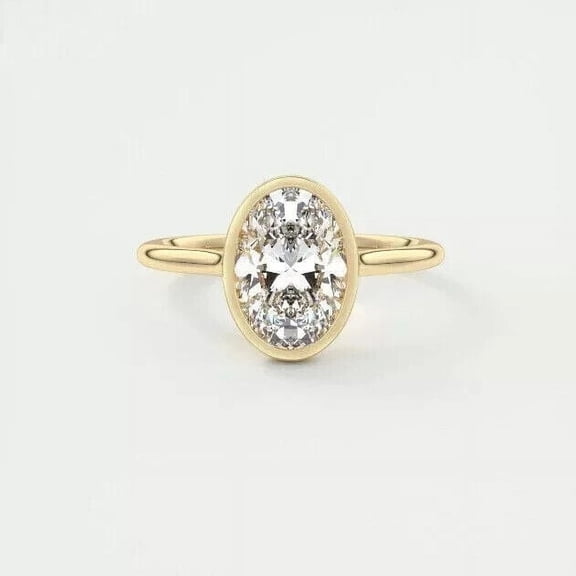 IGI Certified 2 CT Oval Lab Grown CVD Diamond 14K Yellow Gold Bezel Set Ring