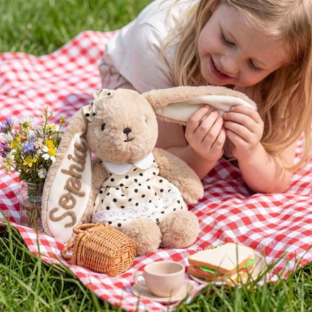 Personalized Embroidered Name Bunny Plush Toy, Soft Fluffy Stuffed Rabbit Security Comfort Doll, Custom Embroidery Gift for Baby Toddler Kids, 3 Styles Available (Polka Dot/Gingham/Pure Pink)