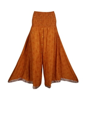 Mogul Womens Vintage Recycled Silk Sari Smocked Waist Printed Summer Fashion Divided Boho Chic Gypsy Long Skirts