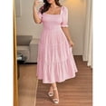 thumbnail image 4 of Pink Gingham Square Neck A-Line Midi Dress With Half Puff Sleeves Casual Summer, 4 of 8