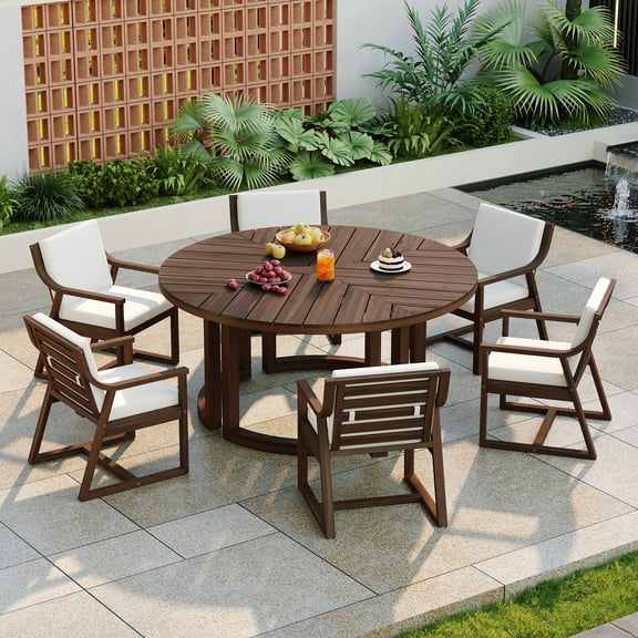 Harper & Bright Designs Outdoor Dining Set with Chairs for 6, Round Dining Table with Umbrella Hole, Patio Wooden Patio Furniture Set with Removable Cushions for Garden, Backyard and Pools, Mocha