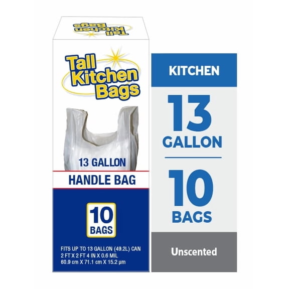 Basic Kitchen Trash Bags, 13 Gallon, Handle, 10 Bags