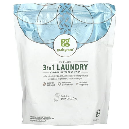 Grab Green 3-in-1 Laundry Detergent Pods, Stain Remover, Brightener, Fragrance Free, 60 Loads