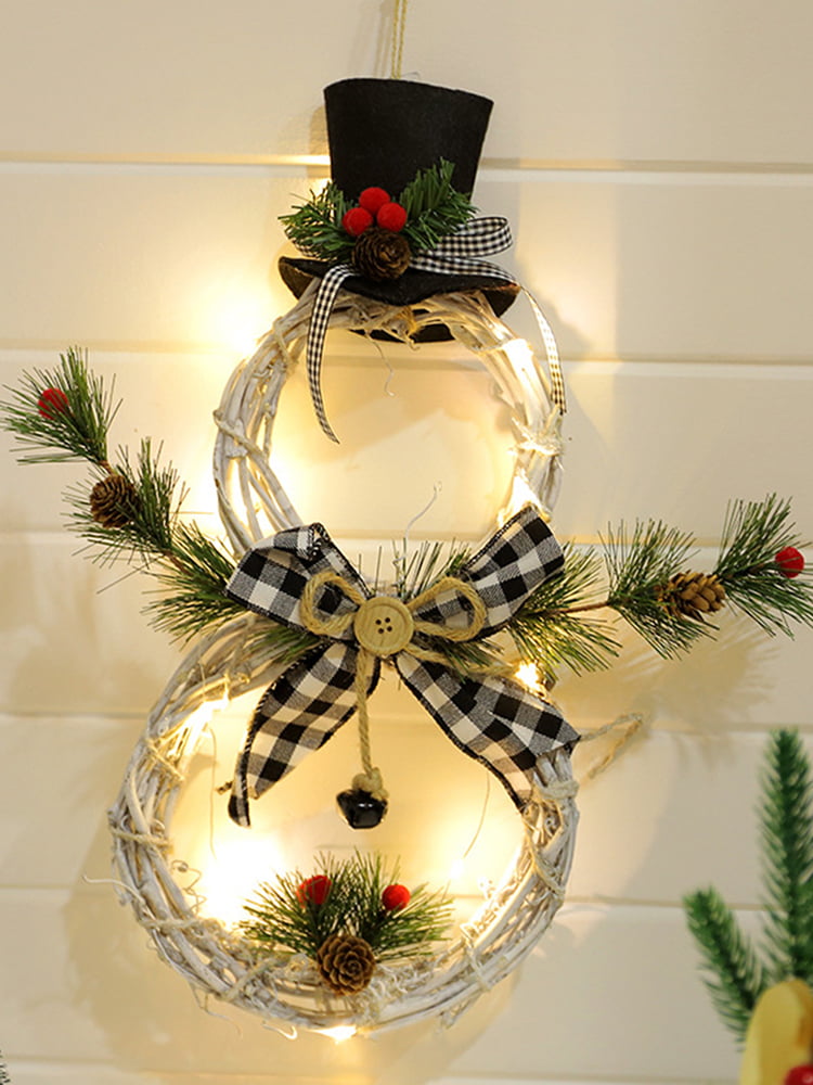 Wall Door Hanging Rattan Christmas Snowman Wreath LED Lights Ornament 40 x 20cm 