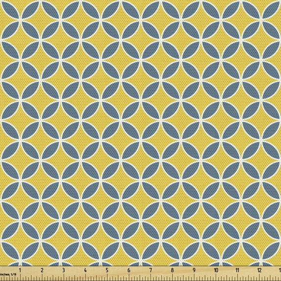 Abstract Fabric by the Yard, Round 4 Leaf Repeating Retro Circles Classic Vintage Feels, Decorative Upholstery Fabric for Chairs & Home Accents, Mustard Slate Blue by Ambesonne