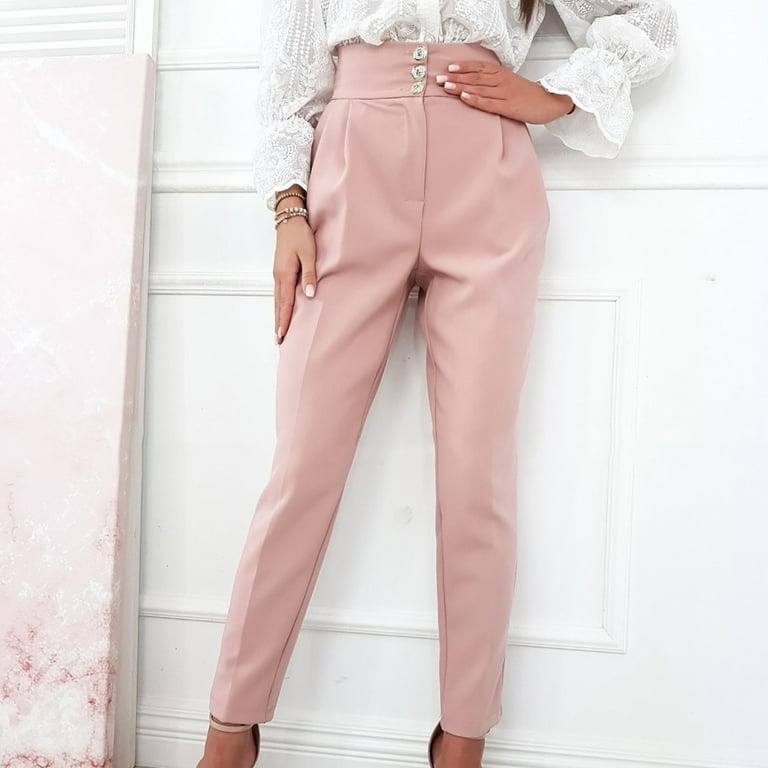 XFLWAM Dress Pants for Women Comfort Stretchy Slacks Work Pants Straight Leg/Pull  On with Pockets for Business Casual Pink XL 