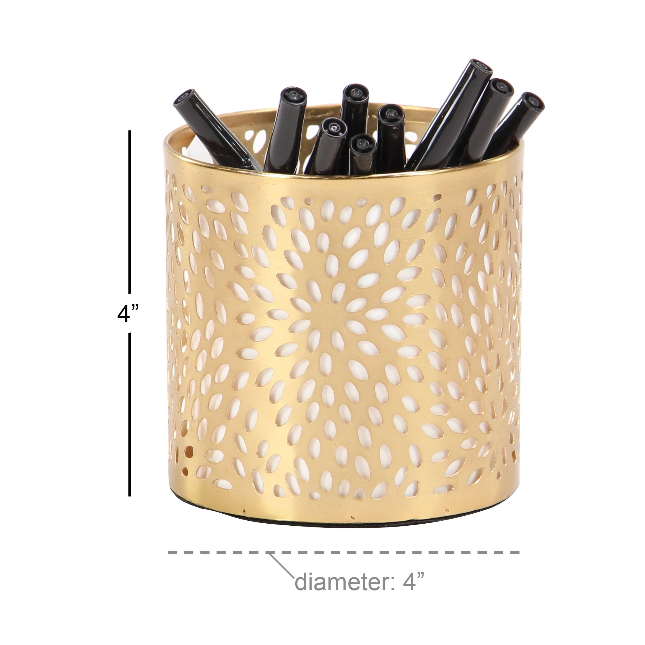 DecMode 4" x 4" Gold Metal Floral Pencil Cup with Laser Carved Design, 1-Piece