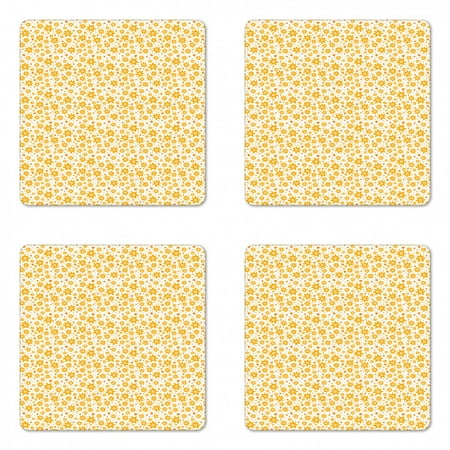 

Childish Coaster Set of 4 Summer Baby Shower Petals Stars Gardening Blooms Nursery Playroom Girls Square Hardboard Gloss Coasters Standard Size Marigold and White by Ambesonne