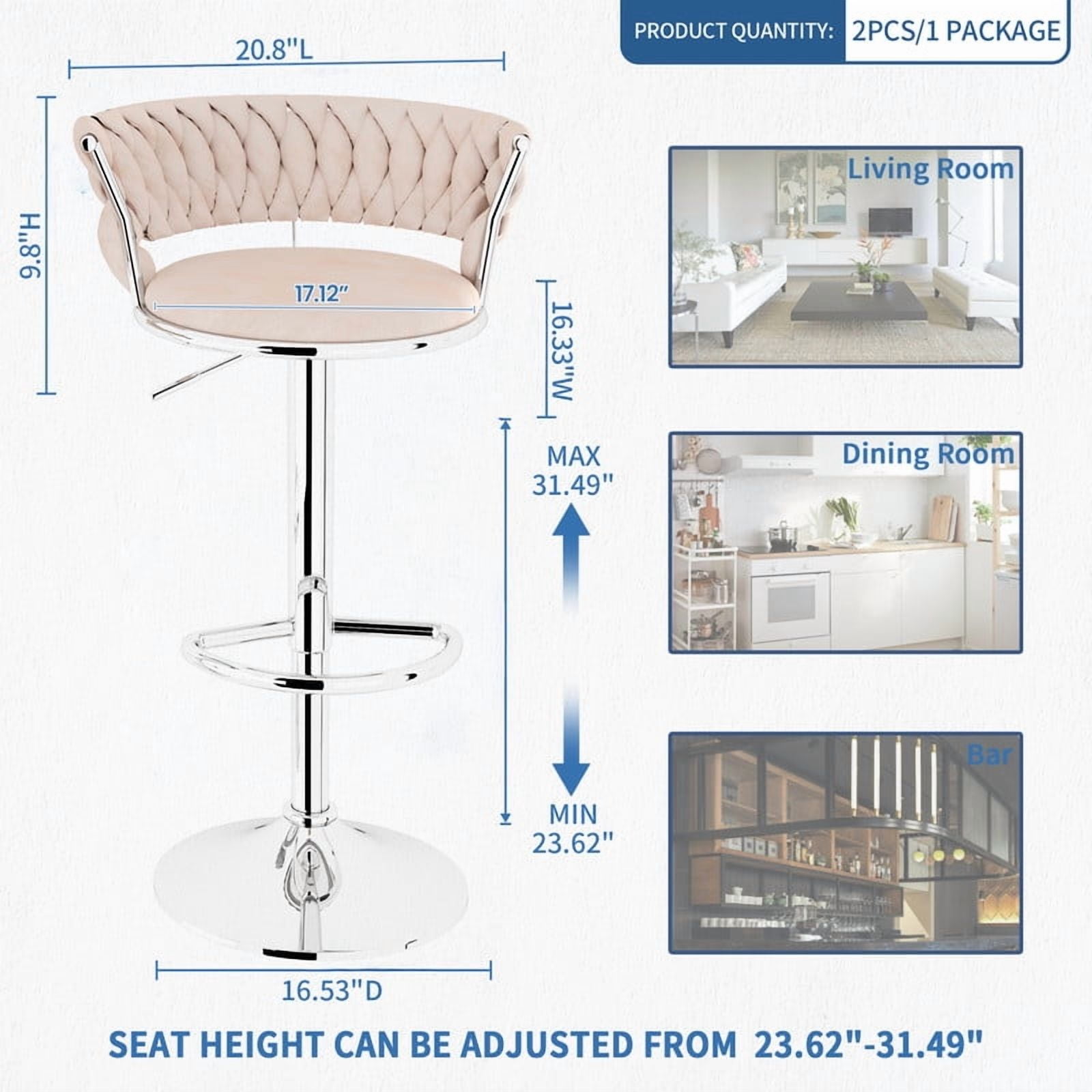 Baxluxe Velvet Bar Stool Set of 4, 360 Degree Swivel Bar Chair with Footrest & Backrest, 4 Pieces Adjustable Barstool Dining Chairs, Counter Height High Stool Pub Chair for Kitchen Island, Beige